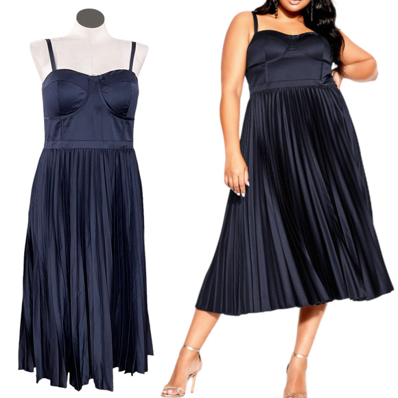 City Chic Plus Size 16W Ahana Corset Dress Navy Blue Satin Midi Cocktail Holiday - Picture 1 of 13